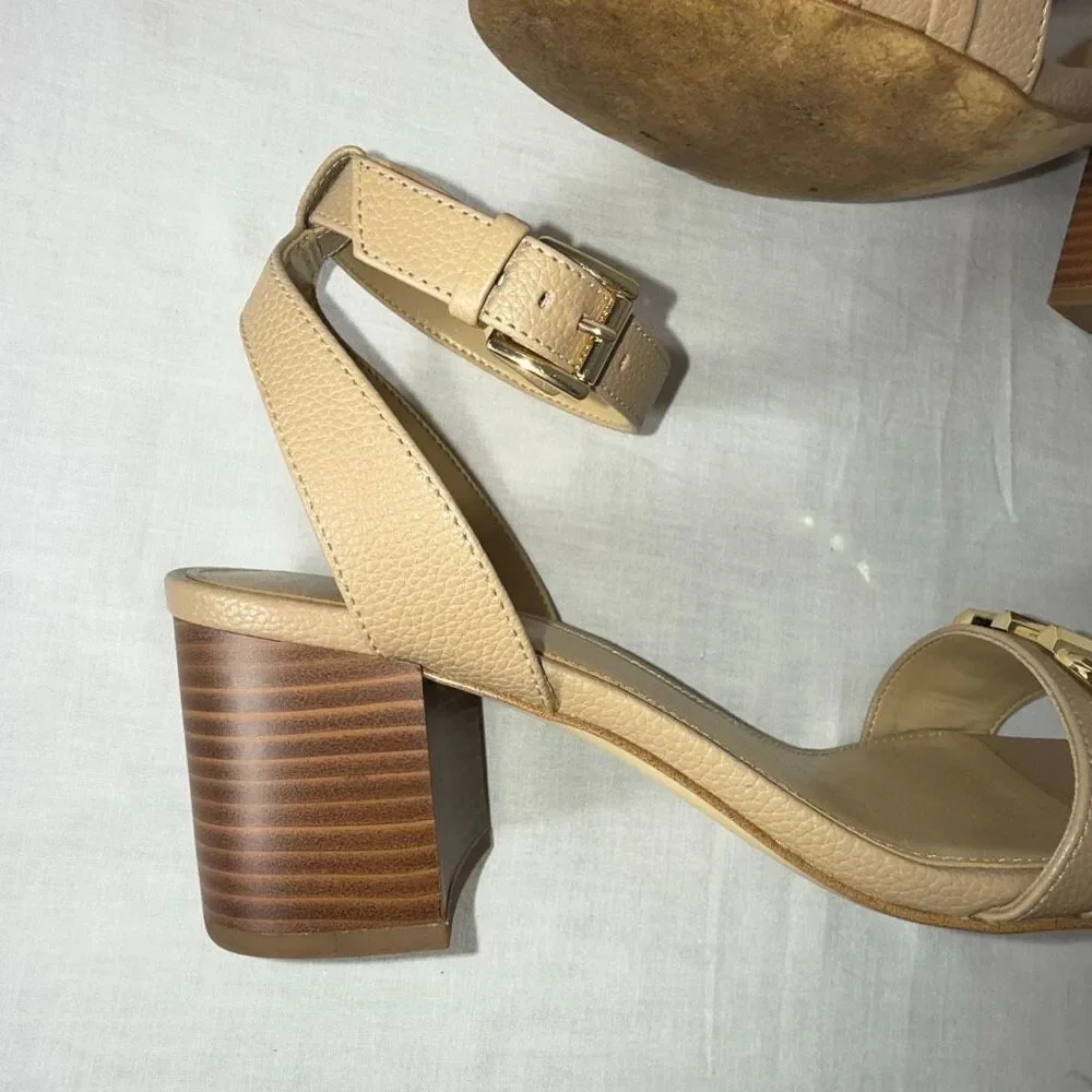 Michael Kors Women’s Nude Pebbled Leather Block Heel Sandals Gold MK Accent 3” H